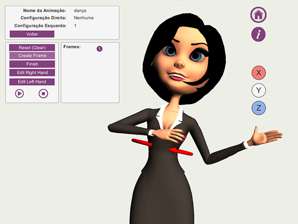 A 3D Humanoid avatar. It is a woman dressed in black and signing.