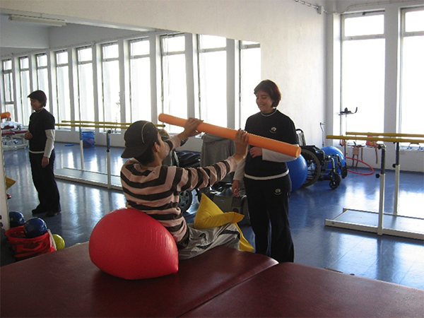 Motor-impaired user performing an upper body rehabilitation exercise while being assisted by a fisiotherapist.