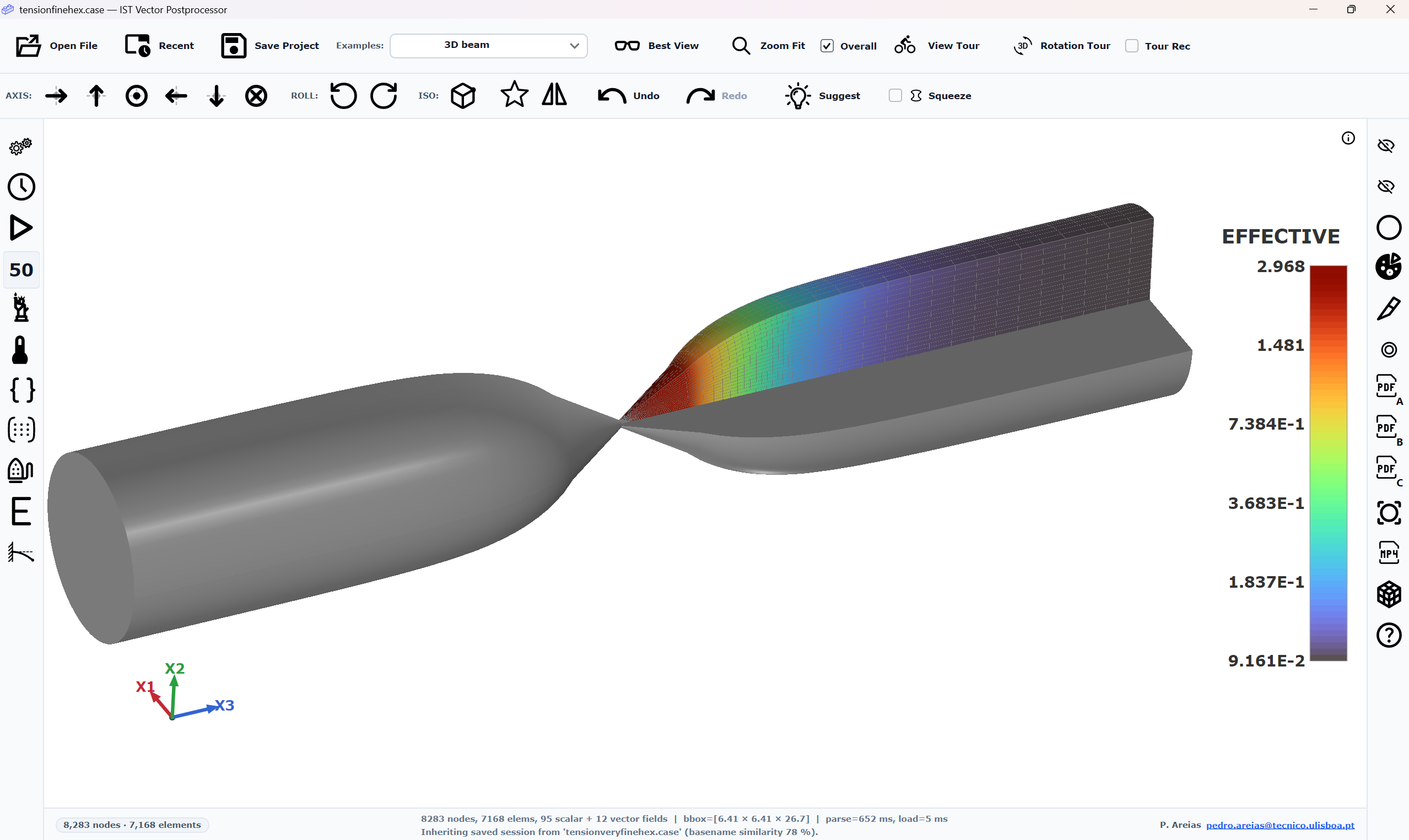 IST Vector Postprocessor showing a necked tension specimen with the effective plastic strain field on a section cut, with a step navigator and a value legend.