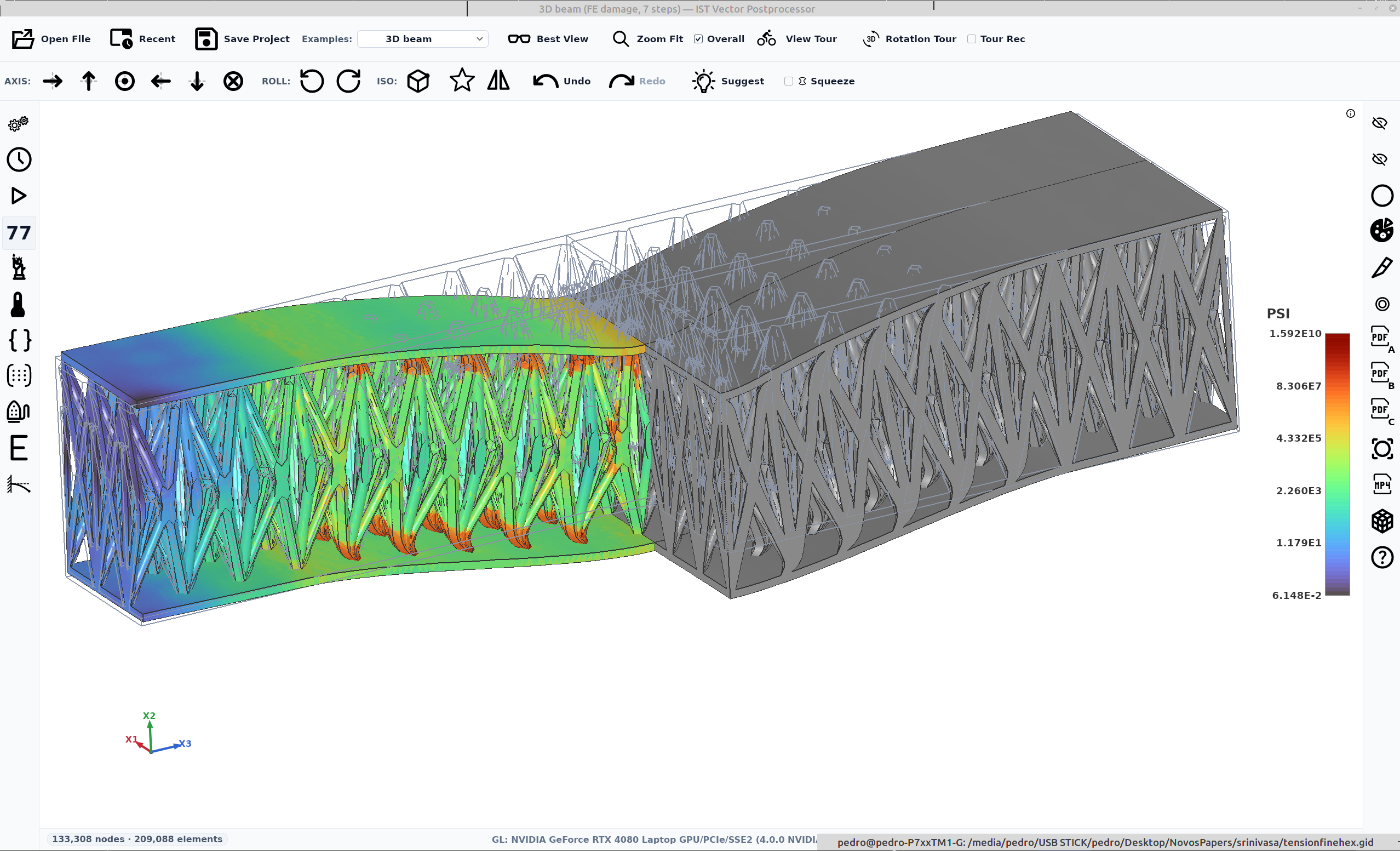 IST Vector Postprocessor showing a deformed 3D lattice beam from a finite-element damage run, one region rendered with a colour field and the rest in plain grey, with the undeformed wireframe overlay and a value legend.