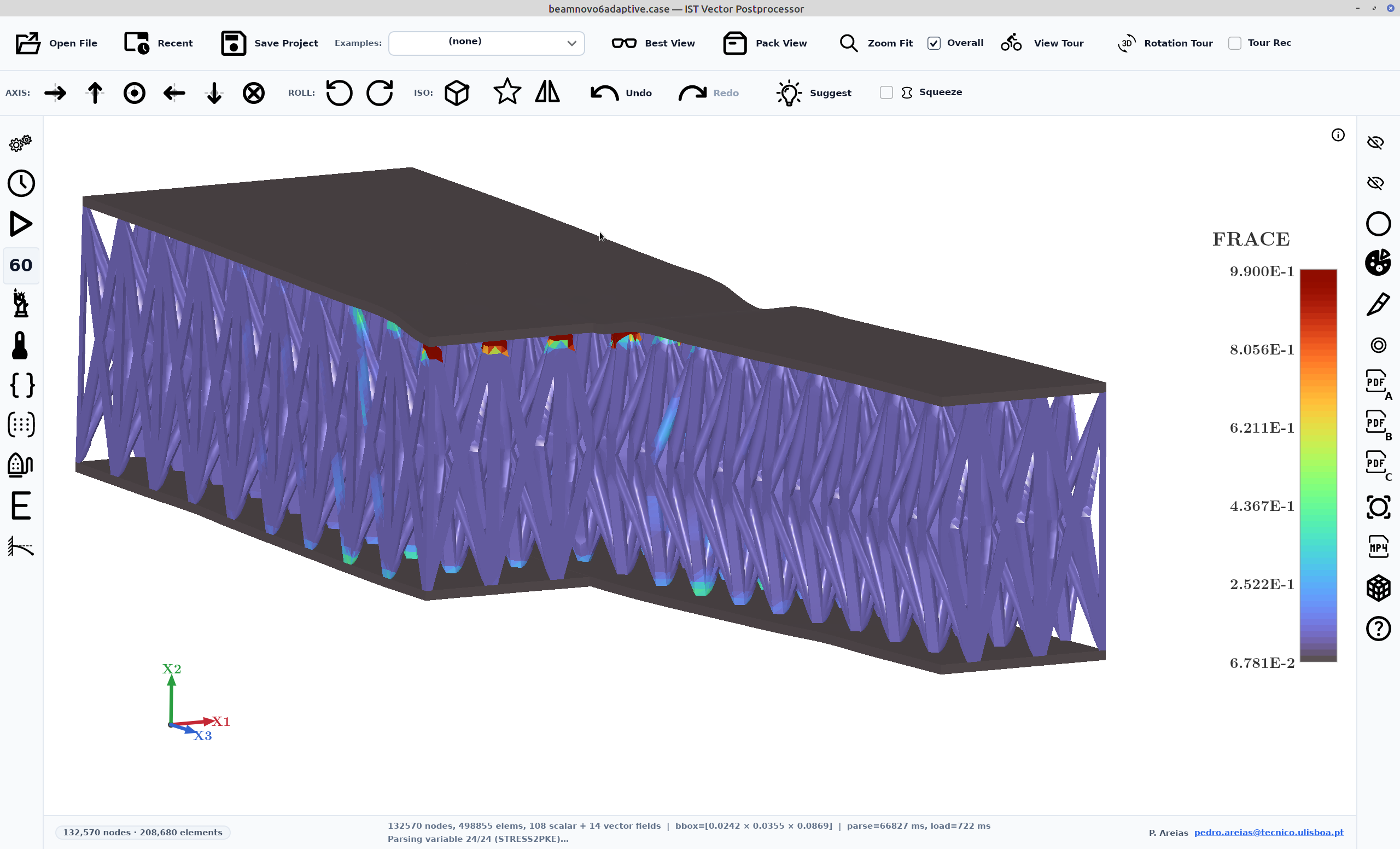 IST Vector Postprocessor showing the fracture field on a deformed 3D lattice beam, with localised red fracture zones on the blue lattice between grey face sheets.